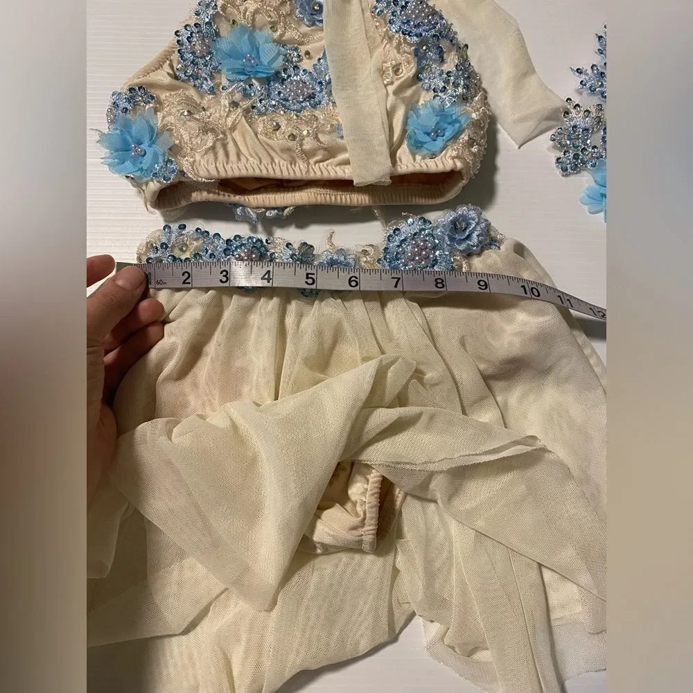 Glamour solo dance costume 2 piece white blue lyrical contemporary MC med child